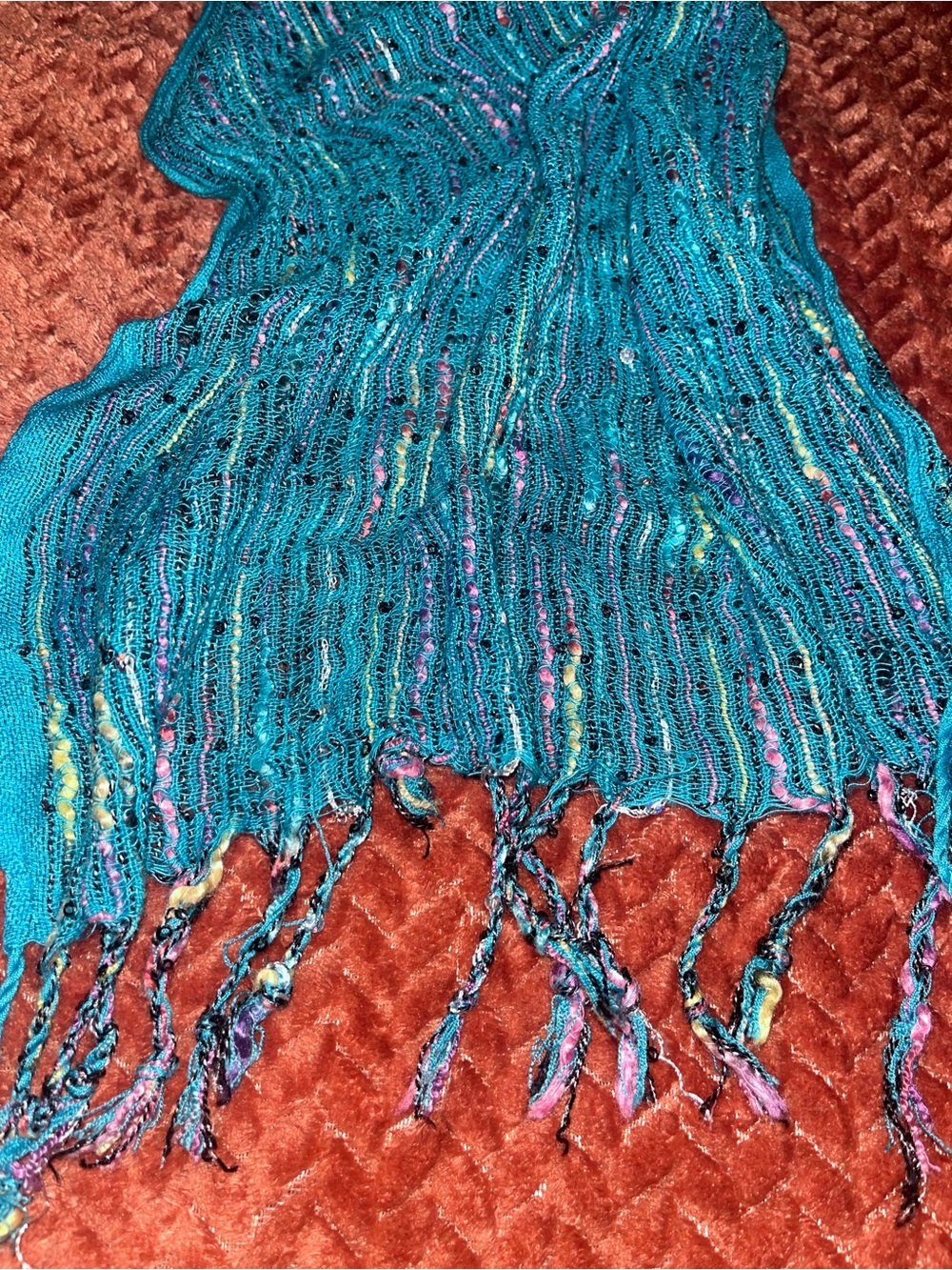 Teal Multicolor Lightweight Women's Scarf with fringe - Picture 2 of 4